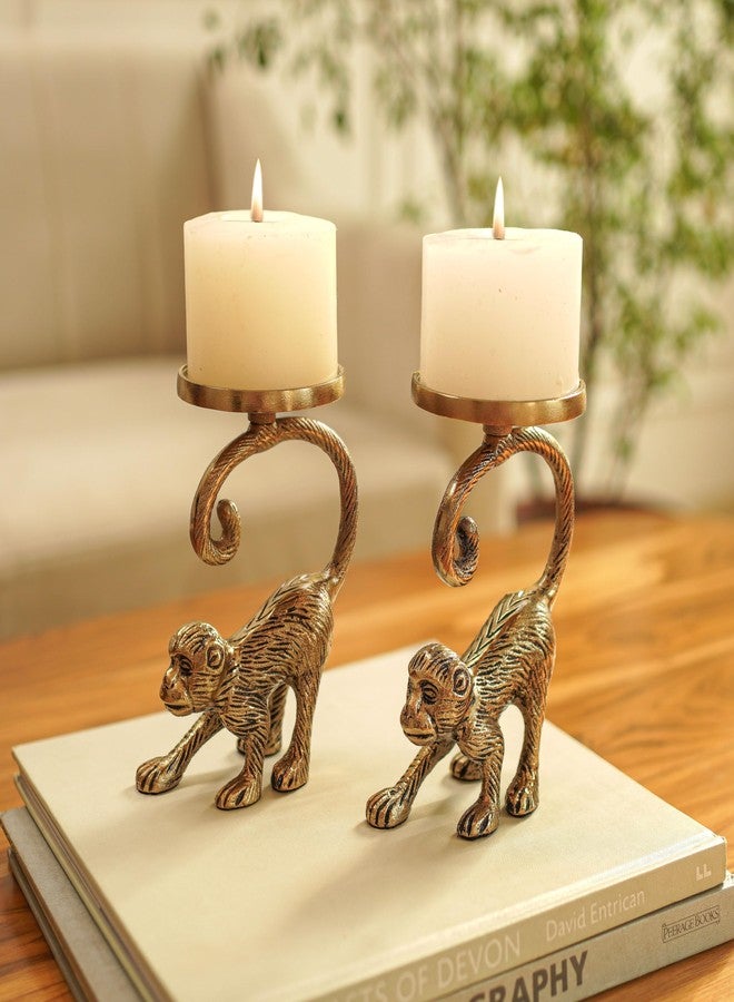 BEHOMA Metal Monkey Pillar Candle Holder Gift Hamper, Festive Gifting Showpiece for Birthday, Housewarming, Anniversary (Set of 2), Gold - Image 4